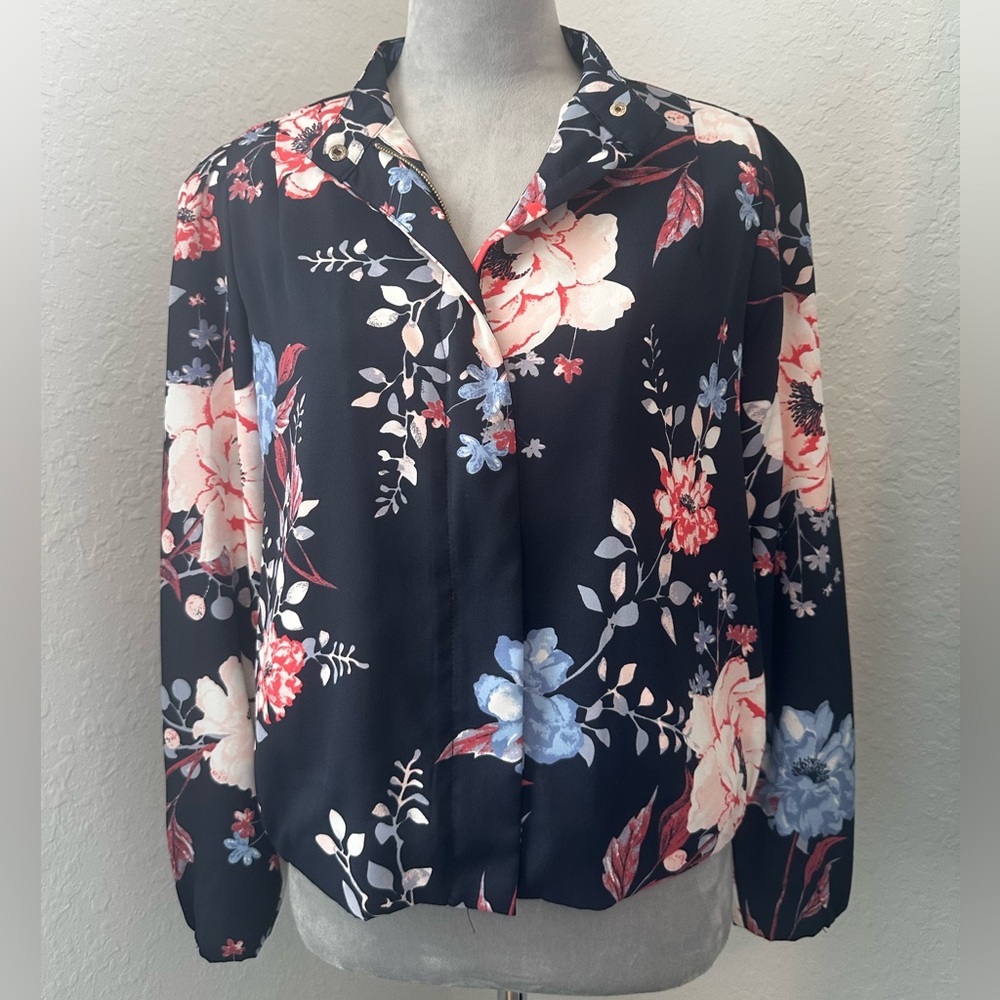 DG2 Floral Zip Front Blouse Small Navy Red Blue Lined Top